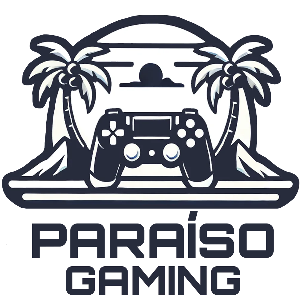 Logotipo Paraíso Gaming con mando retro y palmeras
