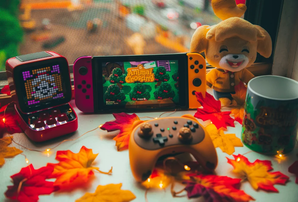 Setup con Nintendo Switch, peluche de Animal Crossing, regalos para gamers