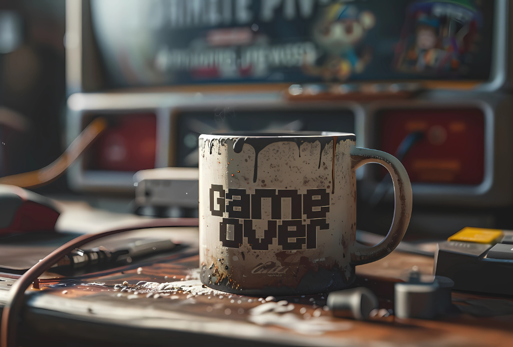 Taza gamer olvidada y desgastada sobre un escritorio con mando y teclado retro